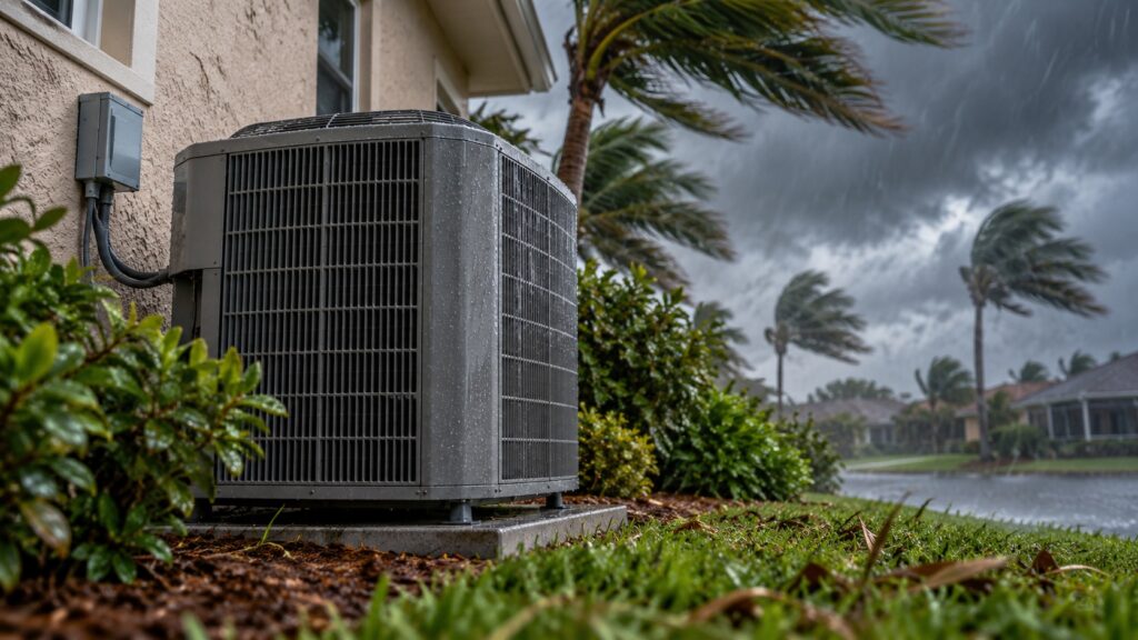 Outdoor air conditioning unit during storm with strong winds and dark clouds.