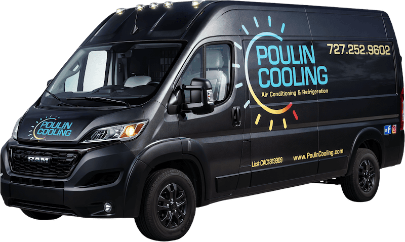 Poulin Cooling service van featuring company branding, contact number, and air conditioning services, emphasizing expert HVAC solutions in Clearwater, FL.