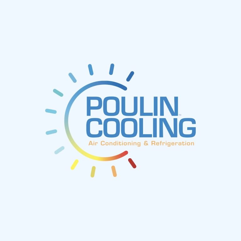 Poulin Cooling logo with colorful sun design and HVAC text.