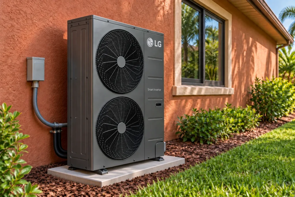 LG HVAC outdoor unit installed outside a house for cooling and heating.