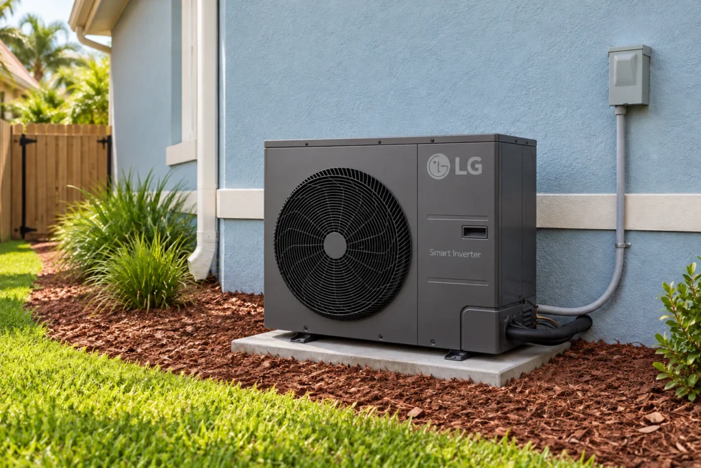 LG Smart Inverter outdoor air conditioning unit installed outside a house.