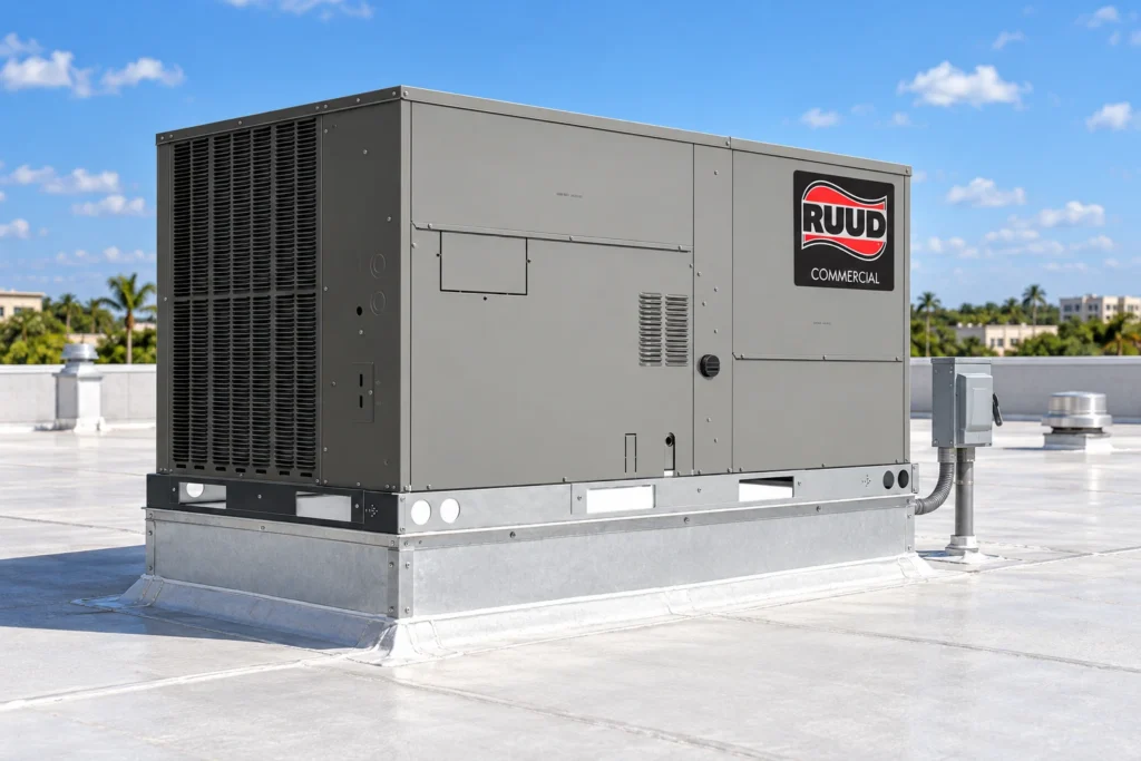 Commercial rooftop HVAC unit on building roof for cooling and ventilation.